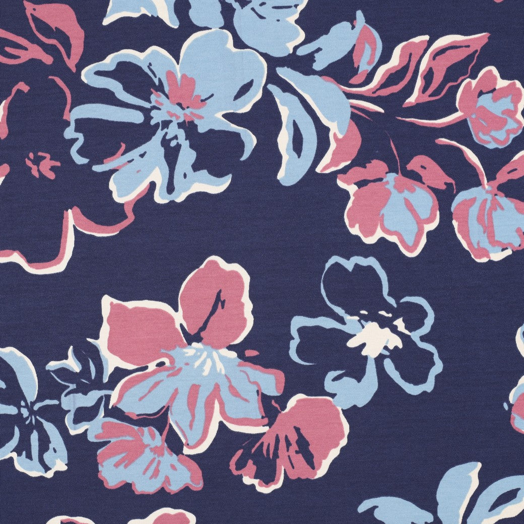 Baumwolljersey „Blütenliebe“ – Navy, Hellblau & Rosé