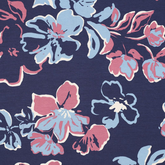 Baumwolljersey „Blütenliebe“ – Navy, Hellblau & Rosé