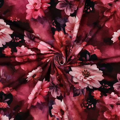 Baumwolljersey „Blütenrausch“ – Aquarellblumen in Bordeaux & Pink