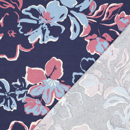 Baumwolljersey „Blütenliebe“ – Navy, Hellblau & Rosé