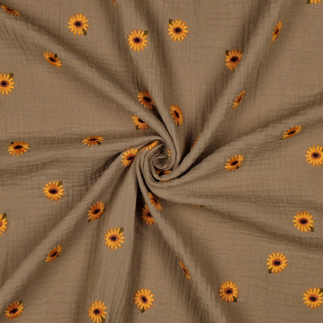 Musselin mit gestickten Sonnenblumen