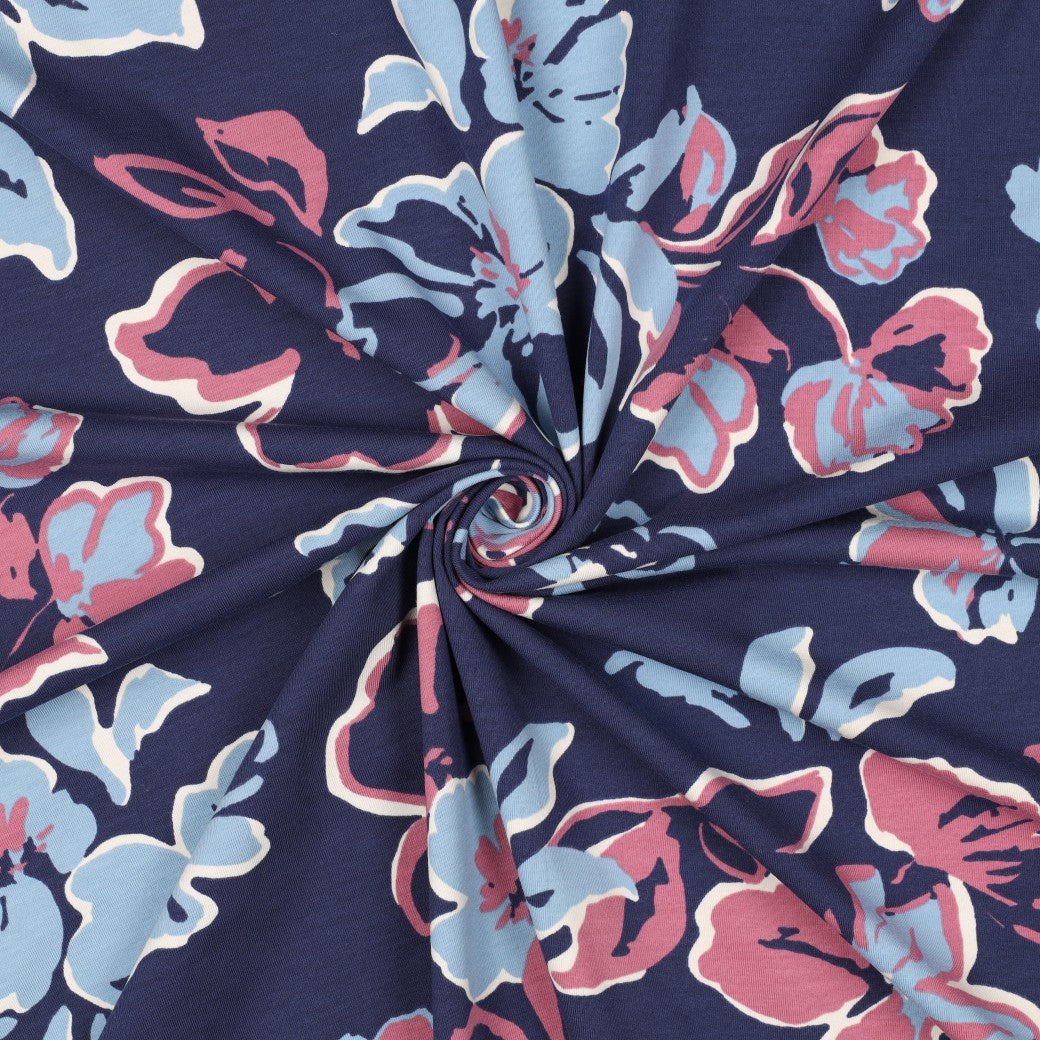 Baumwolljersey „Blütenliebe“ – Navy, Hellblau & Rosé