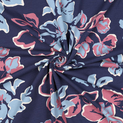 Baumwolljersey „Blütenliebe“ – Navy, Hellblau & Rosé