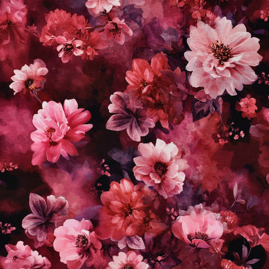 Baumwolljersey „Blütenrausch“ – Aquarellblumen in Bordeaux & Pink