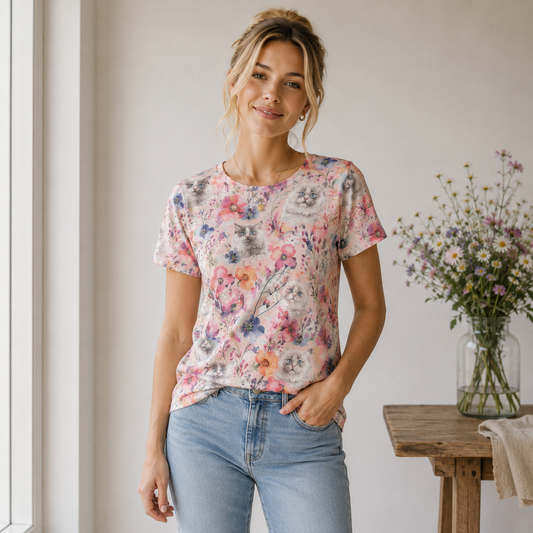 Baumwolljersey - AVALANA  Katzen und Blumen