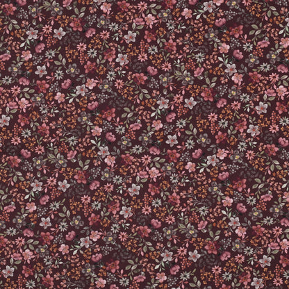 Baumwoll Popeline  „Blumenwiese“ – Blüten auf Bordeaux