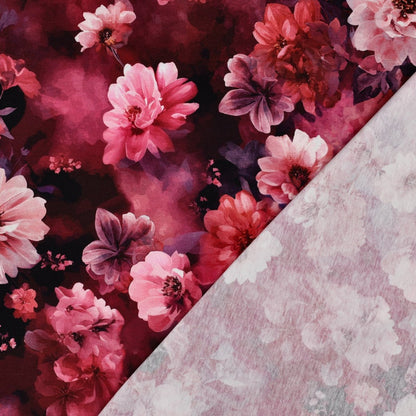 Baumwolljersey „Blütenrausch“ – Aquarellblumen in Bordeaux & Pink