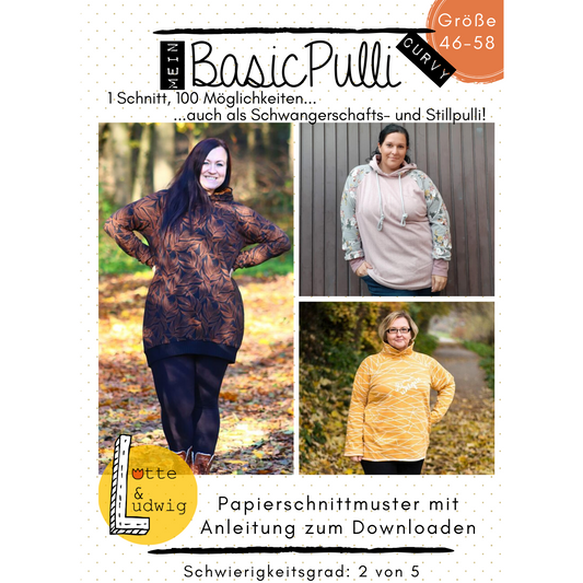 Papierschnittmuster BasicPulli Curvy von Lotte und Ludwig in Größe 46 bis 58 mit variablen Designoptionen