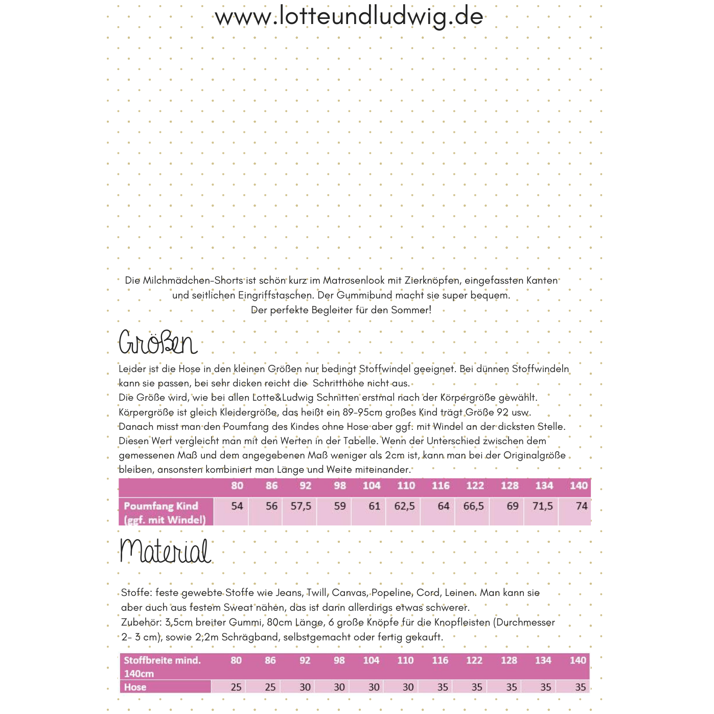 Schnittmuster Kinder Shorts mit Taschen und Knopfleiste Milchmädchen Kids Lotte und Ludwig