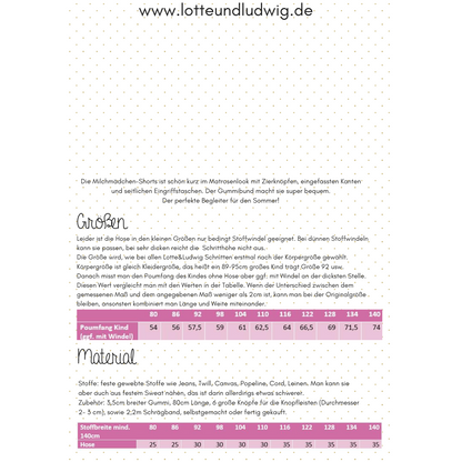 Schnittmuster Kinder Shorts mit Taschen und Knopfleiste Milchmädchen Kids Lotte und Ludwig