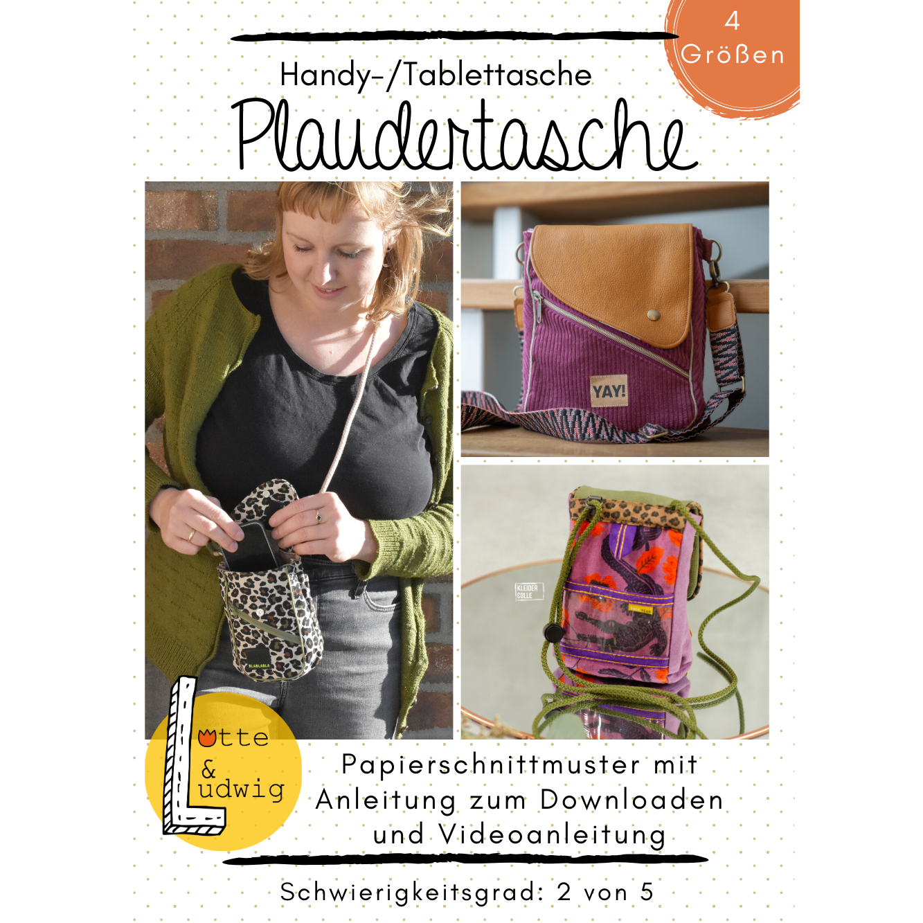Papierschnittmuster Plaudertasche von Lotte und Ludwig als Crossbody Tasche für Handy und Tablet in mehreren Größen