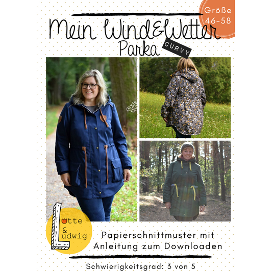 Schnittmuster Wind und Wetter Parka Damen Jacke mit verschiedenen Taschen und variabler Länge für Gr.46-58