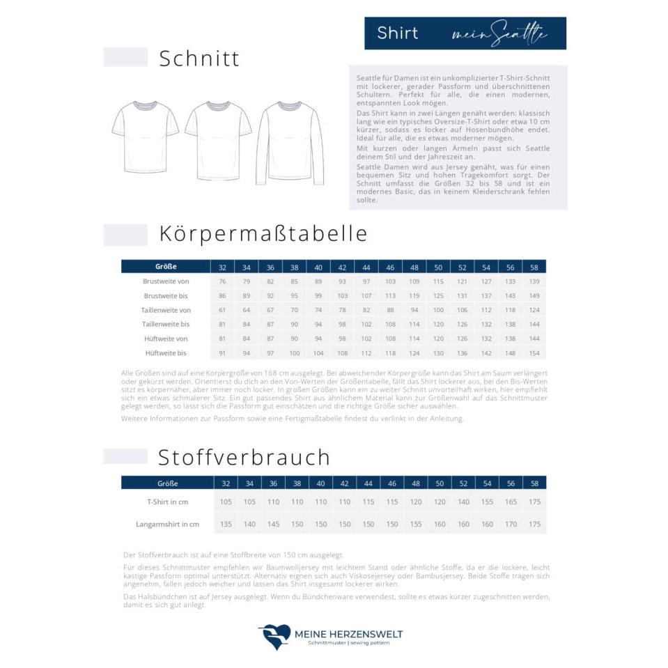 T-Shirt Damen – Schnittmuster – Seattle - Größe: 32-58