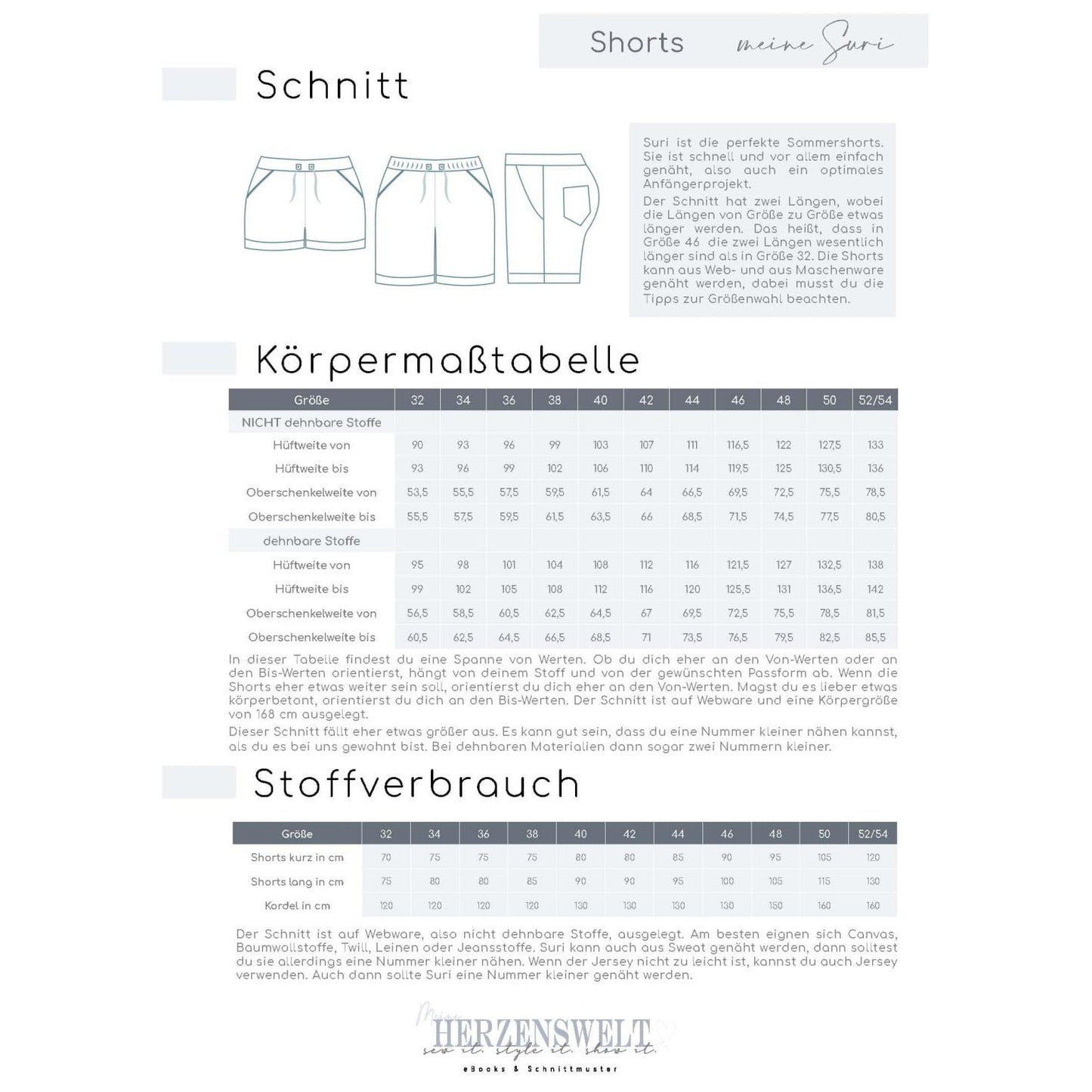 Shorts für Damen – kurze Hose – Schnittmuster – Suri – Gr. 32-52