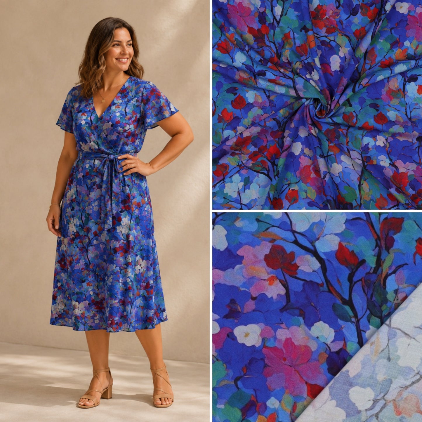Viscose  "Die blaue Verführung-Aquarell Blumen"-Radiance Digitaldruck
