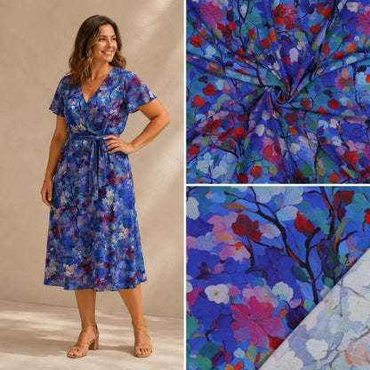 Viscose  "Die blaue Verführung-Aquarell Blumen"-Radiance Digitaldruck