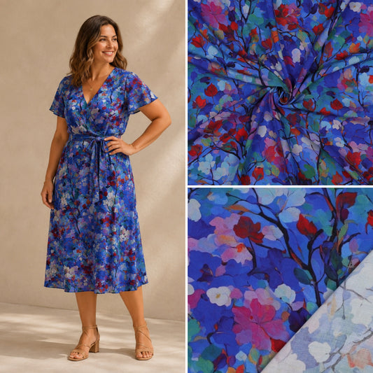 Viscose  "Die blaue Verführung-Aquarell Blumen"-Radiance Digitaldruck