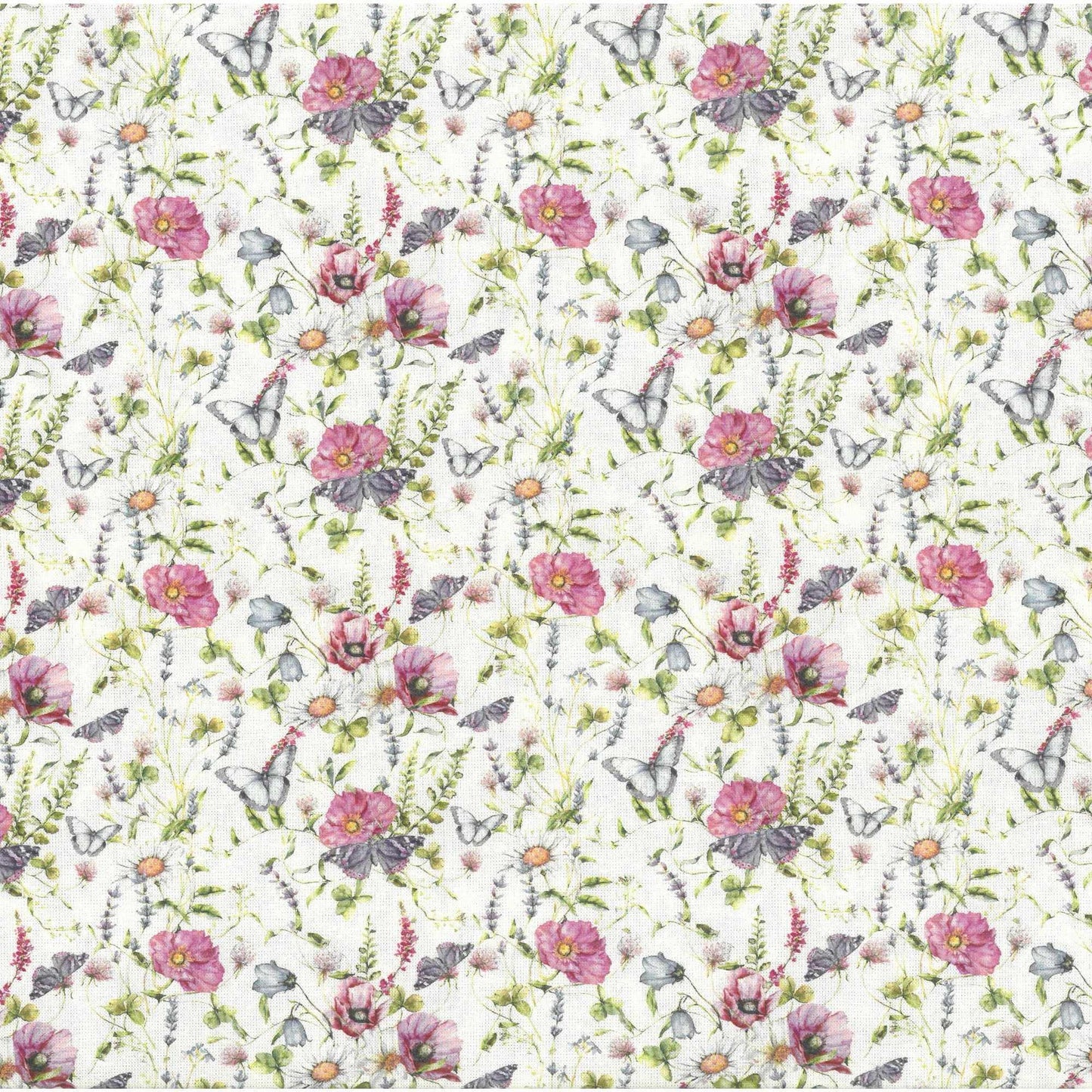 Baumwollstoff Florenz mit zarten Blumen und Schmetterlingen in Rosa und Grün auf hellem Hintergrund von Westfalenstoffe