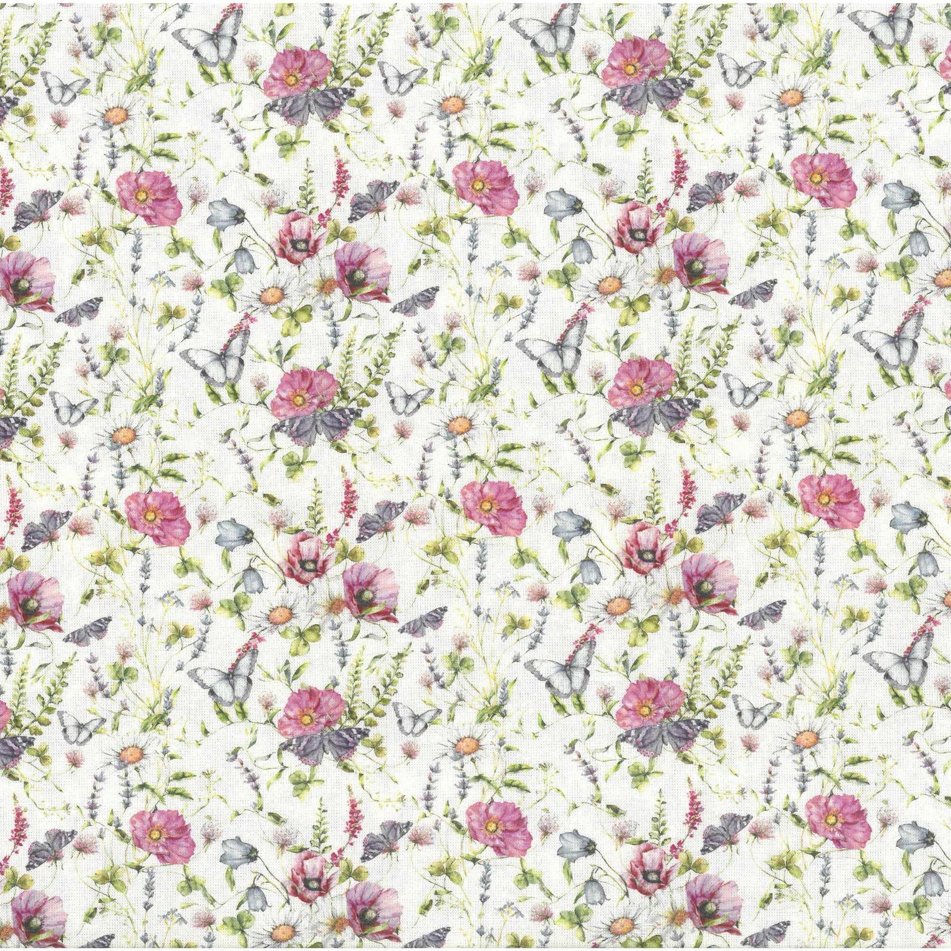 Baumwollstoff Florenz mit zarten Blumen und Schmetterlingen in Rosa und Grün auf hellem Hintergrund von Westfalenstoffe