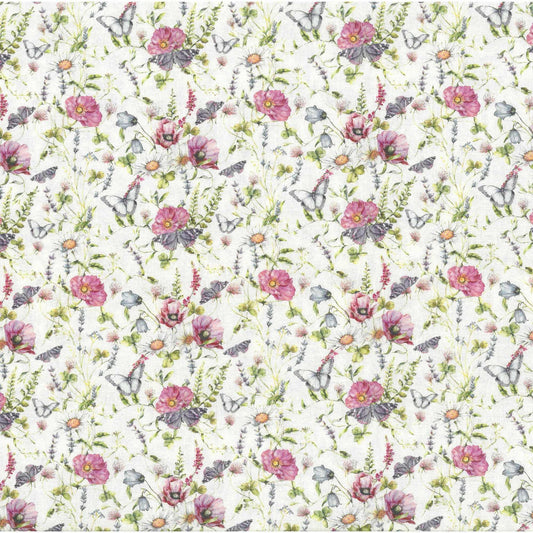 Baumwollstoff Florenz mit zarten Blumen und Schmetterlingen in Rosa und Grün auf hellem Hintergrund von Westfalenstoffe